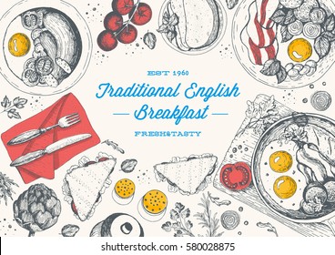 朝食のトップビューフレーム 英語の食べ物メニューデザイン ビンテージ手描きのスケッチベクターイラスト のベクター画像素材 ロイヤリティフリー