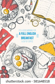 English breakfast top view frame. English food menu design. Vintage hand drawn sketch vector illustration