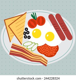 English breakfast vector flat style on blue background. Plate with food in flat style. 
