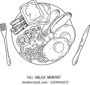English breakfast. Vector hand drawn illustration of British cuisine. Traditional English food. For restaurant, market, cafe, menu design, label. 