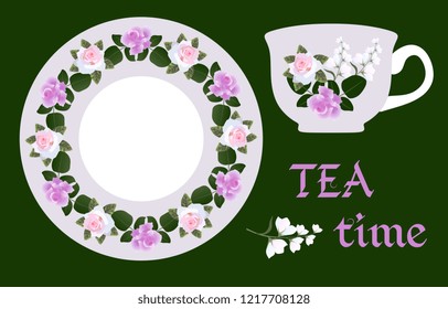 English breakfast. Vector illustration with cup of tea and hand drawn floral ornament on saucer. Rose and bell flowers on light gray background.