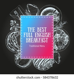 English breakfast vector illustration. English food frame concept. Menu label hand drawn.