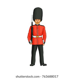 English, British Royal Guard, Soldier, Sentry In Red Uniform And Bearskin Hat, Hand Drawn Vector Illustration Isolated On White Background. Full Length Portrait Of British, English, London Royal Guard