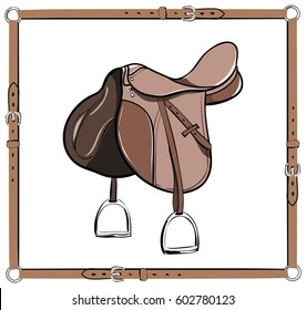 English brown saddle in leather belt frame. Equestrian leather harness with stirrup. Horse riding tack equipment, vector. Cartoon hand drawing illustration.