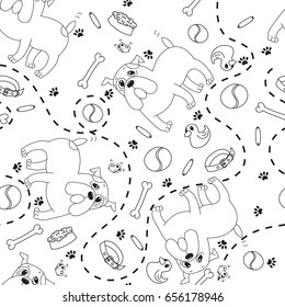 English bulldog, butterfly, ball, food bowl, collar, rubber duck, bone, dog, paw print, dotted line