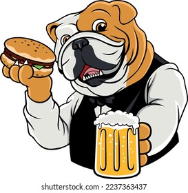 English Bulldog Character Smiling and Holding a Hamburger and a Glass of Beer