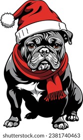 English bulldog Christmas Vector cartoon clip art illustration Christmas Hat Dog, Dog in Christmas Santa hat, Full length of Bulldog wearing Christmas hat