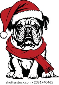 English bulldog Christmas Vector cartoon clip art illustration Christmas Hat Dog, Dog in Christmas Santa hat, Full length of Bulldog wearing Christmas hat