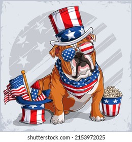 English Bulldog dog in 4th of July disguise wearing Uncle Sam hat, with USA flag and fireworks 