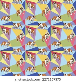 English Bulldog dog on a mosaic geometric background. Funky, colorful vibe, rainbow colors palette. Simple, clean, modern texture. Geometric, polygon style. Summer seamless pattern with dogs. Triangle