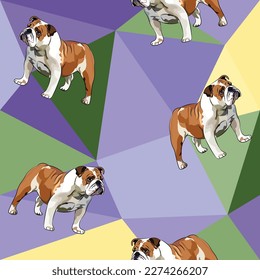 English Bulldog dog on a mosaic geometric background. Funky, colorful vibe, rainbow colors palette. Simple, clean, modern texture. Geometric, polygon style. Summer seamless pattern with dogs. Triangle