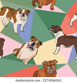 English Bulldog dog on a mosaic geometric background. Funky, colorful vibe, rainbow colors palette. Simple, clean, modern texture. Geometric, polygon style. Summer seamless pattern with dogs. Triangle