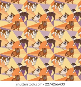 English Bulldog dog on a mosaic geometric background. Funky, colorful vibe, rainbow colors palette. Simple, clean, modern texture. Geometric, polygon style. Summer seamless pattern with dogs. Triangle