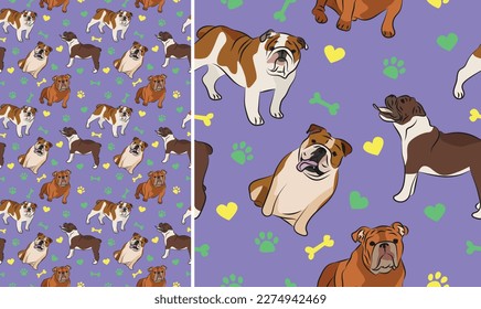 English Bulldog dog on a playful violet background with bones, hearts, paws. Funky, colorful vibe, vibrant palette. Simple, clean, modern texture. Summer seamless pattern with dogs. Birthday present.