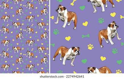English Bulldog dog on a playful violet background with bones, hearts, paws. Funky, colorful vibe, vibrant palette. Simple, clean, modern texture. Summer seamless pattern with dogs. Birthday present.