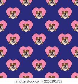 English Bulldog dog with paws pattern, Valentine's day heart wallpaper. Love heart with pet head holiday texture. Dog face Holding Heart Cartoon square background. St Valentine's day present paper.