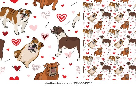 English Bulldog dog Valentine's day heart wallpaper. Love doodles hearts with pets holiday texture. square background, repeatable pattern. St Valentine's day wallpaper, valentine present, print tiles.