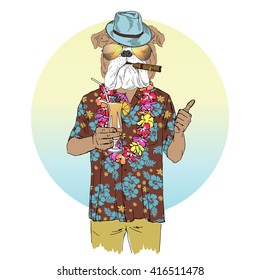 English bulldog dressed up in aloha shirt, furry art illustration, fashion animals, hipster animals, summer illustration