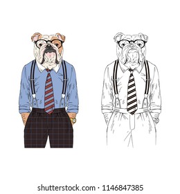 English bulldog dressed up in retro business outfits, anthropomorphic animal illustration