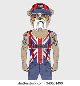 English bulldog dressed up in t-shirt with English flag, fashion animal  illustration