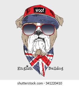 English bulldog dressed up in t-shirt with English flag, fashion animal  illustration