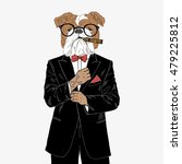 english bulldog dressed up in tuxedo, anthropomorphic illustration, fashion animals