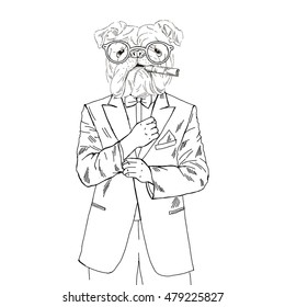 english bulldog dressed up in tuxedo, anthropomorphic illustration, fashion animals