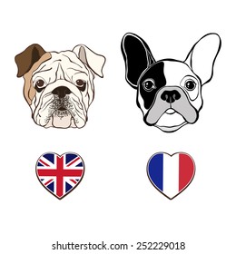 English bulldog face and French Bulldog face with heart flags.