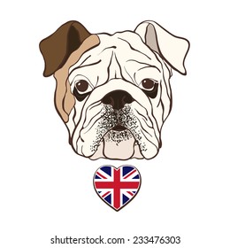 English Bulldog Face With  Heart Flag UK. Hand-drawn Vector Illustration, Sketch.