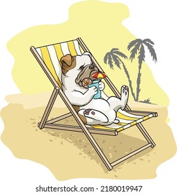 English Bulldog, French, sitting on a deck chair with a drink, palm tree,
