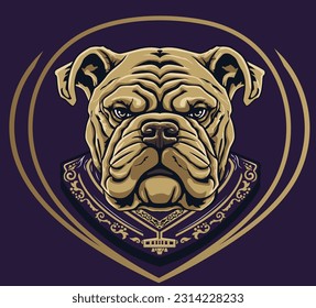 English Bulldog Head. Front View with fancy collar. Mascot illustration vector for T-shirts, Screen Print, Mug Print, Athletic Apparel, Stickers, Mousepad Prints. British Bulldog Face. Team Sports.