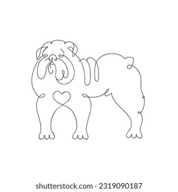 English bulldog with a heart on his chest drawn in one line