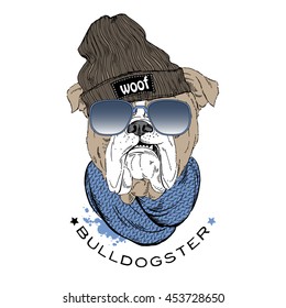 Inglês bulldog retrato hipster em chapéu gorro e lenço de malha, ilustração animal desenhada à mão