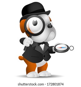 English bulldog holds magnifying glass and compass
