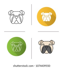 English Bulldog icon. Utility dog breed. Flat design, linear and color styles. Isolated vector illustrations