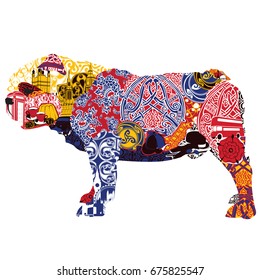 English Bulldog in miniatures and patterns symbolizing England