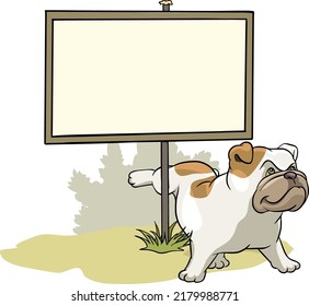 English bulldog, mops, french The dog is peeing, on a pole, a blank board for entering text, illustration, vector, cartoon, 