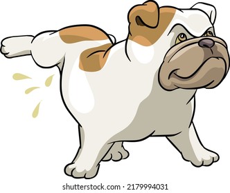 English bulldog, mops, french The dog is peeing, on a pole, illustration, vector, cartoon, 