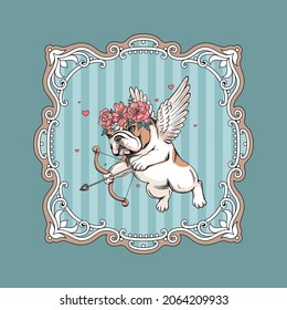 Сute english bulldog puppy with angel wings. Cupid illustration. Image for printing on any surface