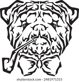 English bulldog smoking pipe funny dog vector line illustration.