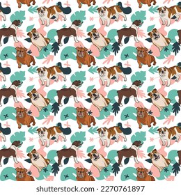 English bulldog wallpaper with leaves, palms, flowers, plants. Pastel green, pink, navy. Holiday abstract natural shapes. Seamless floral background with dogs, repeatable pattern. Birthday wallpaper. 