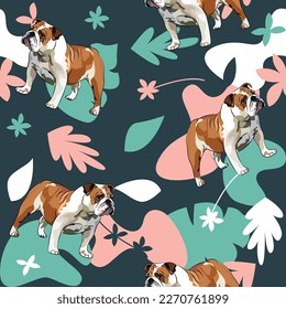 Papel de bulldog inglés con hojas, palmas, flores, plantas. Verde pastel, rosa, marina. Formas naturales abstractas de vacaciones. Fondo floral impecable con perros, patrón repetible. Papel tapiz de cumpleaños. 