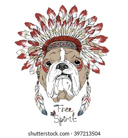 english bulldog in war bonnet, aztec art print, animal illustration