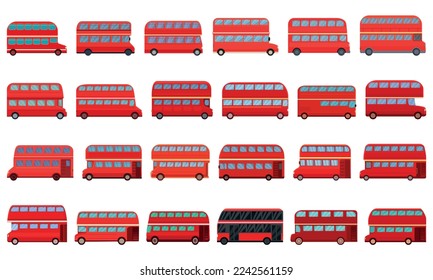 English bus icons set cartoon vector. London stop. British station