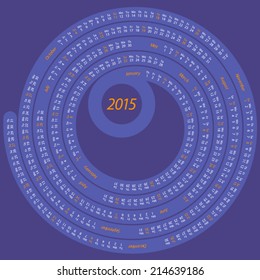 English calendar for 2015 on spiral shape blue and orange