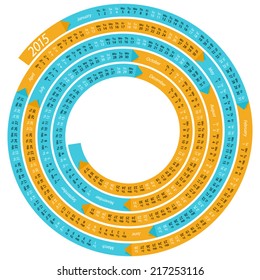 English calendar for 2015 on spiral shape on white background