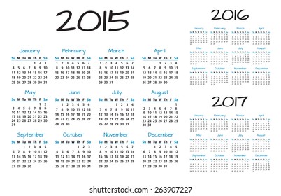 English Calendar 2015-2016-2017 vector blue and black 