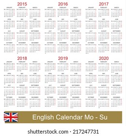 English calendar 2015-2020, week starts on Monday