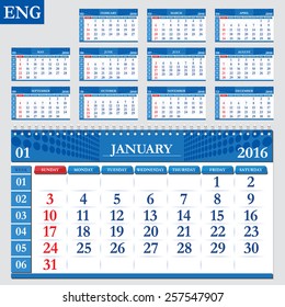 English calendar 2016, horizontal calendar grid, vector