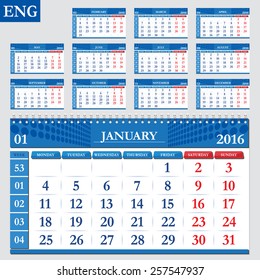 English calendar 2016, horizontal calendar grid, vector